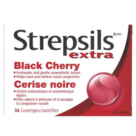 Strepsils Extra, Effective Pain Relief for Sore Throats, Black Cherry, 36 lozenges
