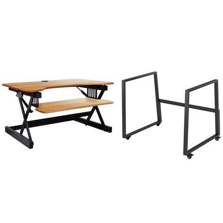 Rocelco 40 "grand bureau debout réglable en hauteur BUNDLE - Quick Sit Stand Up Dual Monitor Riser - Station de travail informatique à ressort à gaz - Plateau pour clavier rétractable - Grain de bois de teck