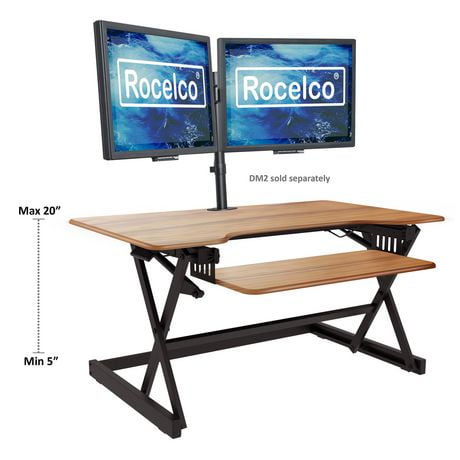 Rocelco 40 "Grand Convertisseur de Bureau Debout Réglable en Hauteur - Montage Rapide Debout Double Moniteur Riser - Poste de travail informatique à ressort à gaz - Plateau pour clavier rétractable - Grain de bois de teck