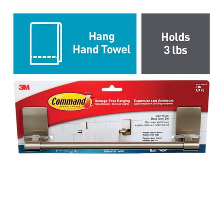 Command™ Bath Hand Towel Bar BATH41-SN-EF, Satin Nickel, 3 lbs (1.4 kg), BATH41-SN-EF, satin nickel