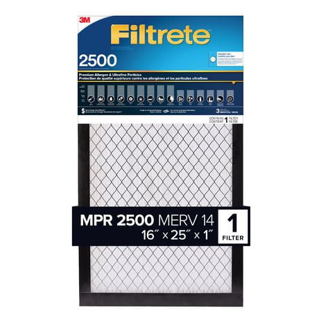 Filtrete™ Premium Allergen & Ultrafine Particles Filter EAX01DC-6-CA, 2500 MPR, 16 in x 25 in x 1 in (40.6 cm x 63.5 cm x 2.5 cm), 2500 MPR 16in x 25in x 1in