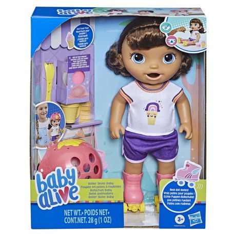 Baby Alive Roller Skate Baby Doll, 12-Inch Toy for Kids Ages 3 and Up, Eats and “Poops,” Doll with Roller Skates, Brown Hair