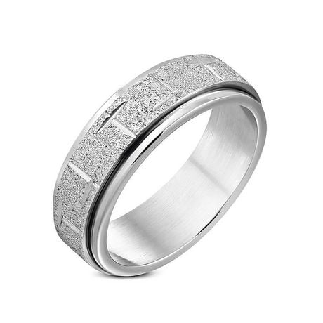 Stainless Steel Sandblasted Diamond-Cut Cross Spinning Flat Band Ring