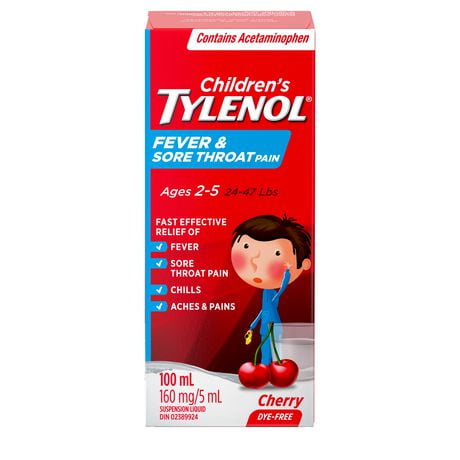 TYLENOL® Children's Fever & Sore Throat Pain Suspension Liquid, Relieves Fever & Sore Throat Pain, 100mL, Cherry Flavour, For ages 2-5yrs, 100 ml