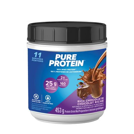 Rich Chocolate, 100% Whey Protein Powder, 25 g protein and 2 g sugar/scoop, 453 g/1 lbs, NEW LOOK! Pure Protein 100% Whey Protein powder delivers a powerful blend of protein - delicious, convenient and fast-acting.