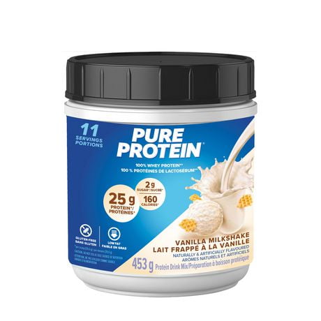 Lait frappé à la vanille, poudre de protéines de lactosérum à 100 %, 25 g de protéines et 2 g de sucre/mesure, 453 g/1 lb NOUVELLE APPARENCE! La poudre de protéines de lactosérum à 100 % Pure Protein offre un puissant mélange protéique - délicieux, pratique et à action rapide.