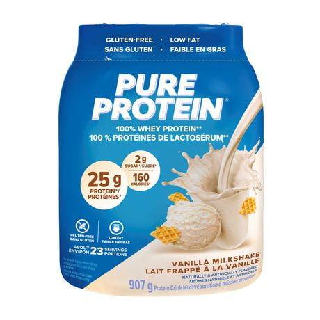 Vanilla Milkshake, 100% Whey Protein Powder, 25 g protein and 2 g sugar/scoop, 907 g/2 lbs, NEW LOOK! Pure Protein 100% Whey Protein powder delivers a powerful blend of protein - delicious, convenient and fast-acting.