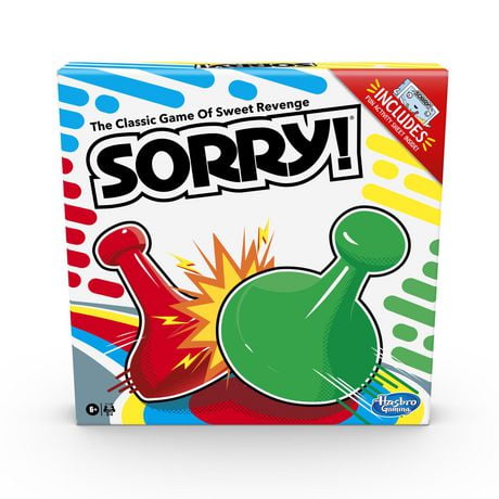 Jeu Sorry!, inclut feuillet d'activités pour enfants, chaque joueur a 4 pions, jeu classique pour la famille, à partir de 6 ans