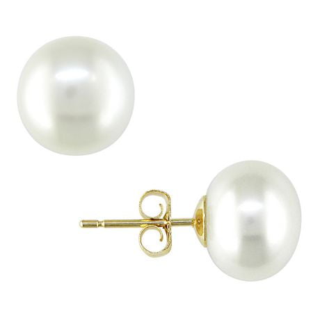 Miabella 9-10 mm Cultured Freshwater White Button Pearl Earrings in 10 K Yellow Gold