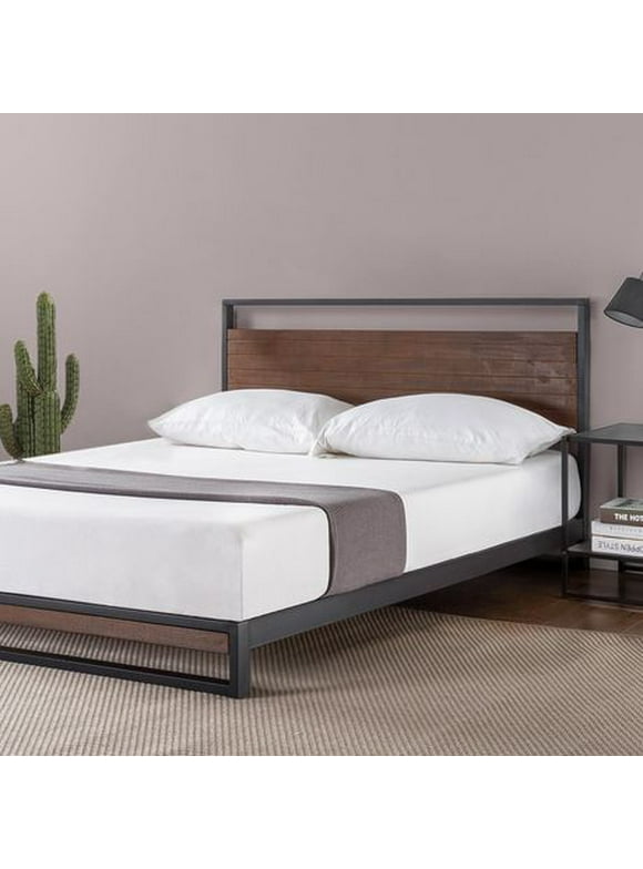 Zinus Suzanne Ironline Metal and Wood Platform Bed Frame with Headboard / No Box Spring Needed, Wood Slat Support- 5 Year Warranty