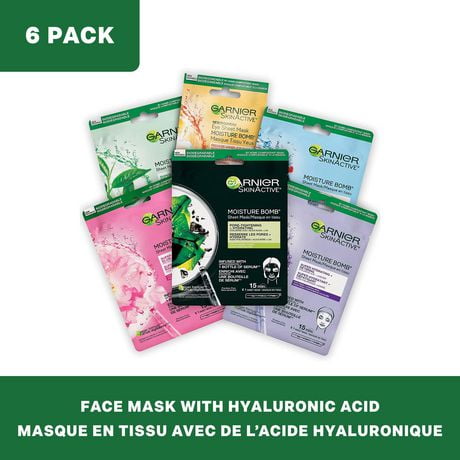 Garnier Beauty Face Mask with Hyaluronic Acid,  24 Hour Moisturizing Skin Care, Combo Pack, SkinActive, 6 Pack