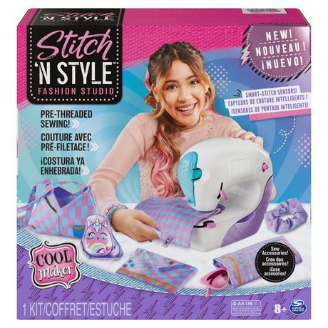 Cool Maker, Stitch ‘N Style Fashion Studio, Pre-Threaded Sewing Machine Toy with Fabric and Water Transfer Prints, Arts & Crafts Kids Toys for Girls, Fashion Studio