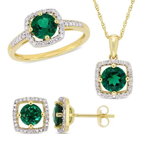 Miabella 2-5/8 Carat T.G.W. Created Emerald and 1/3 Carat T.W. Diamond 10k Yellow Gold 3-Piece Earrings, Pendant and Ring Set