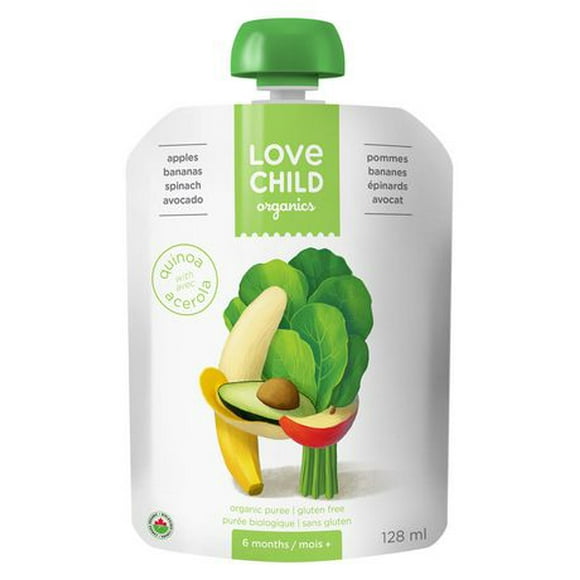 Love Child Organics Super Blends Baby Puree - Apples, Bananas, Spinach & Avocado, 128 ml
