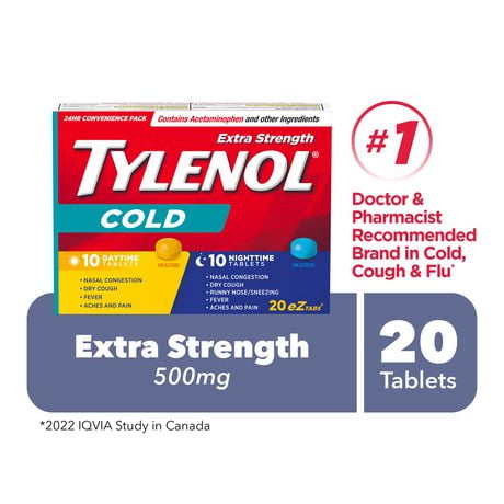 Tylenol Extra fort, Rhume, Duo pratique Jour/Nuit, soulage les symptômes de rhume, 20 comprimés FaciliT 20 comprimés