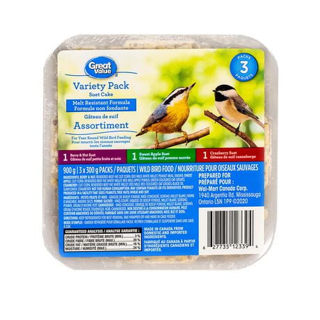 GREAT VALUE - SUET VARIETY 3-PACK (Berry & Nut, Cranberry, Apple) - 900g - 3X300g, Variety 3-pack of suet