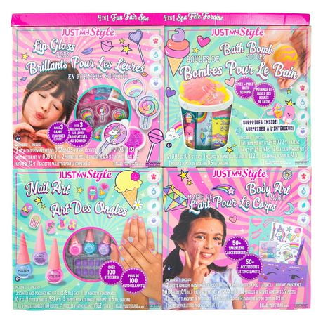 Spa vive la fête foraine 4-en-1 de Just My Style!, lot tout en un de 4 kits d’activité mode, inclut DIY brillant pour les lèvres, art des ongles, art du corps et bombes pour le bain