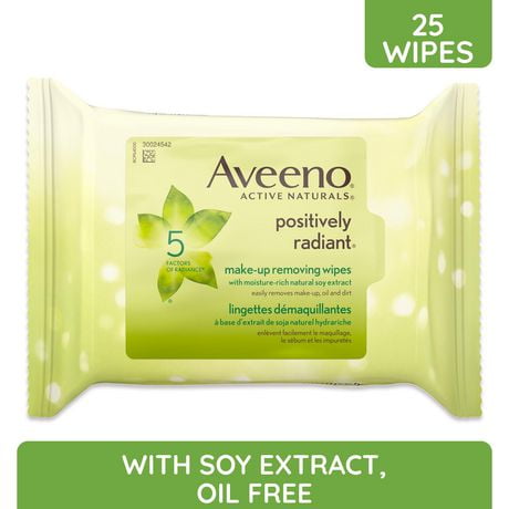 Aveeno Positively Radiant, with Moisture-rich natural soy extract, Make-up Removing Wipes, 25 Wipes