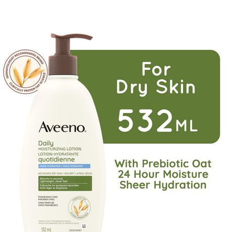 Aveeno Daily Moisturizing Lotion Sheer Hydration, Dry Skin Care, Emollient Cream, Oat, Fragrance Free, 532 mL