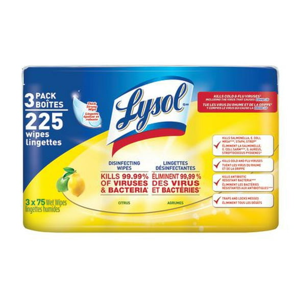 LYSOL® Disinfecting Wipes, Citrus, 3 Pack, 3x75 Count, 3x75 Count