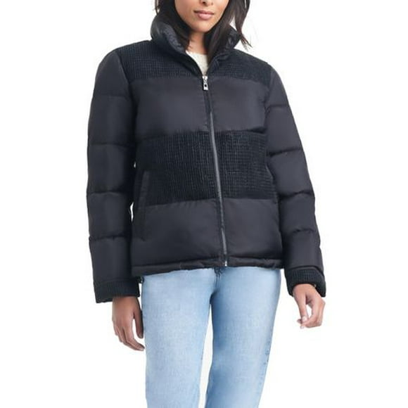 Sam & Libby Women's Short Puffer Jacket with Tweed Panels