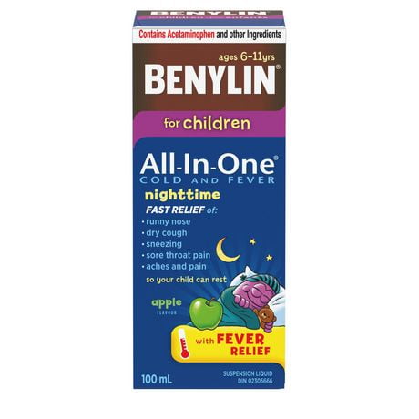 Benylin Enfants, Tout-en-un® Rhume et fièvre, Nuit, soulage les symptômes de rhume et de fièvre, saveur de pomme, pour les enfants de 6 à 11 ans, suspension orale, 100 mL 100 ml