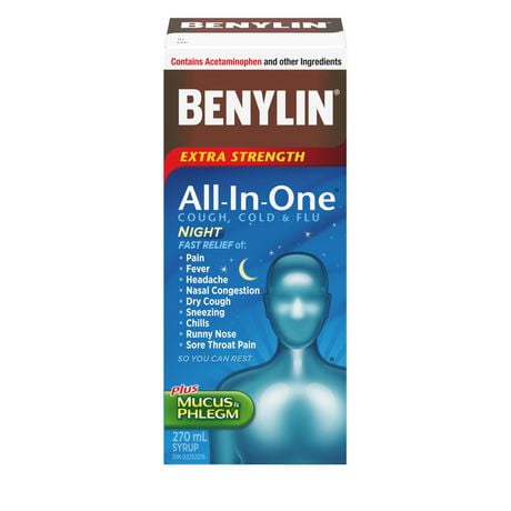 Benylin Extra-puissant, Tout-en-un® Toux, rhume et grippe, Nuit, soulage les symptômes de rhume, toux et grippe, sirop 270 ml