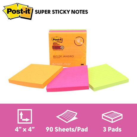 Post-it® Super Sticky Notes 675-3SSUC-C, Rio de Janeiro Collection,, Lined, 4in x 4in, 3 Pads/Pack