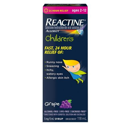 Reactine Enfants Médicament liquide pour les allergies, saveur de raisin, 5 mg 118 ml