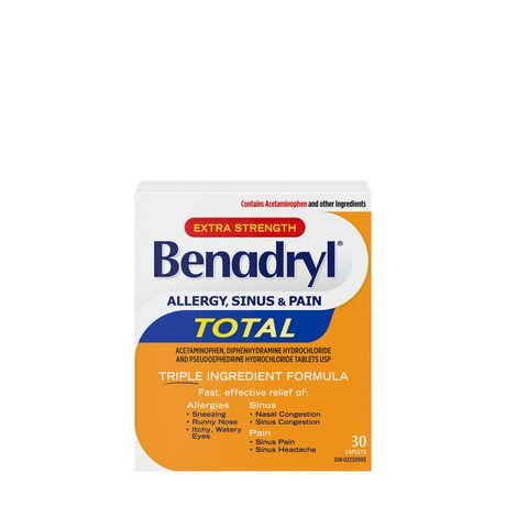 Benadryl Total Allergies, sinus et douleur, 25 mg 30 caplets