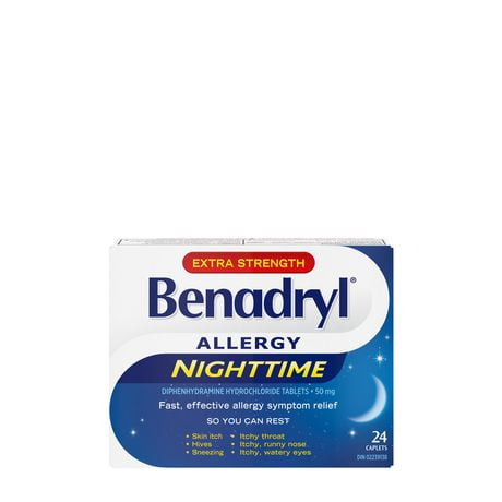 Caplets Benadryl® Extra-puissant Allergies Formule-nuit, 50 mg, Soulagement des symptômes d’allergies tenaces 24CH