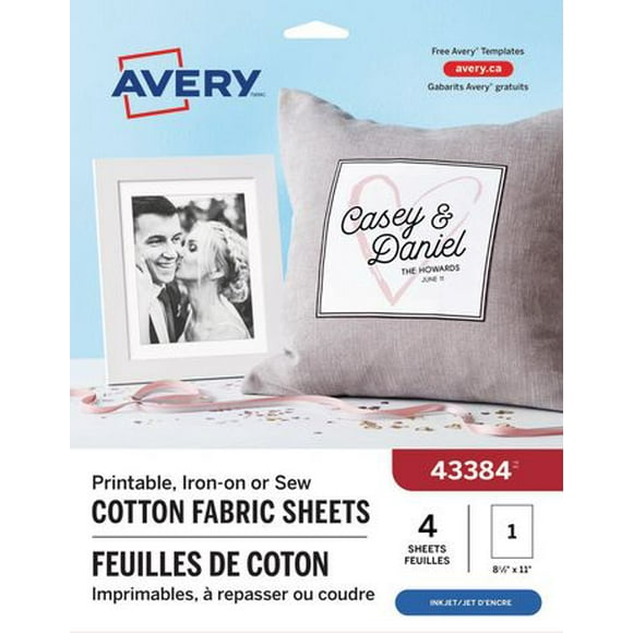 Avery Printable Iron-On or Sew Cotton Fabric Sheets, Inkjet, White, 4 Sheets