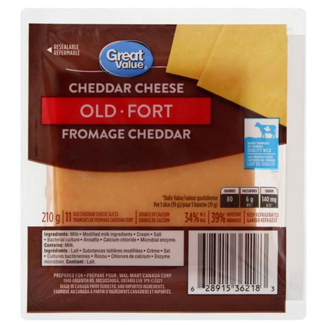 Tranches de fromage cheddar fort Great Value 210 g, 11 tranches