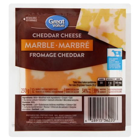 Tranches de fromage cheddar marbré Great Value 230 g, 12 tranches
