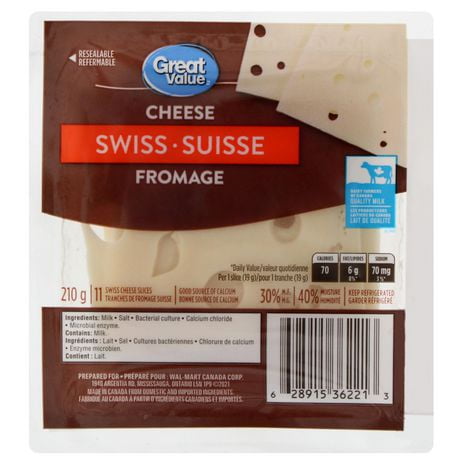 Great Value Swiss Cheese Slices, 210 g, 11 Slices