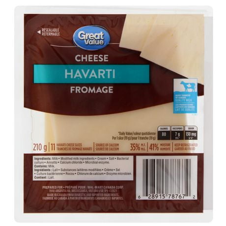 Great Value Havarti Cheese Slices, 210 g, 11 slices