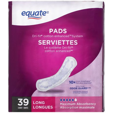 Serviettes contrôle de la vessie absorption maximale d'Equate 39 serviettes, longueur maximale