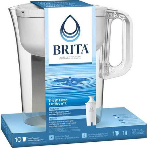 Grand pichet de filtration d’eau Brita d’une capacité de 10 tasses avec 1 filtre standard, sans BPA, modèle Huron blanc Pichet huron exempt de BPA