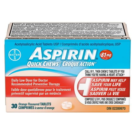 Aspirin 81mg Daily Low Dose Quick Chews, Orange Flavour, 30 Quick Chew Tablets