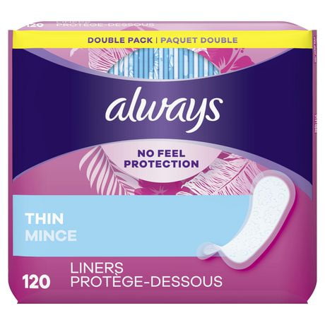Always Thin No Feel Protection Daily Liners Regular Absorbency Unscented, Breathable Layer Helps Keep You Dry, 120 Count, Unscented