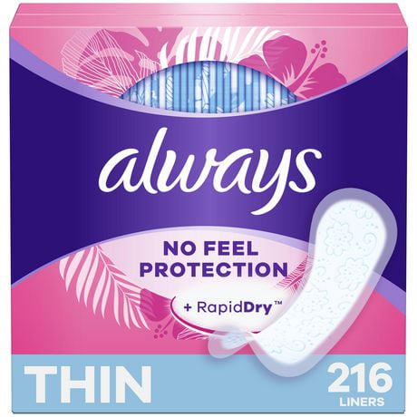 Always Thin No Feel Protection Daily Liners, Regular Absorbency, Unscented, 216CT