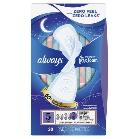 Always Infinity FlexFoam Pads for Women Size 5 Extra Heavy Overnight Absorbency, Up to 12 hours Zero Leaks, Zero Feel Protection, with Wings Unscented, Unscented, 30 Count