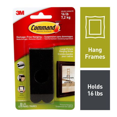Command™ Picture Hanging Strips 17206BLK-C, Black, Large, 8 Strips Per Pack, 8 Strips Per Pack, 16 lb