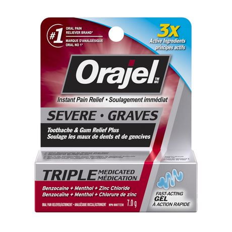 Le gel OrajelMC soulagement des maux de dents et de gencives graves plus triple médication 7.0g. 3X principes actifs.