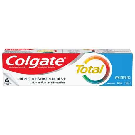 Dentifrice Colgate Total Blanchissant en gel, dentifrice blanchissant multi-avantages, dentifrice qui blanchit les dents, rafraîchit l’haleine et protège les dents sensibles, 120 mL 120 ml