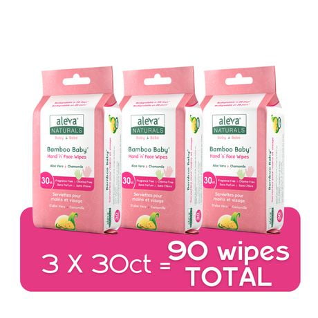 Aleva Naturals Bamboo Baby Hand 'n' Face Wipes Value Pack - 90ct (30ct x 3)