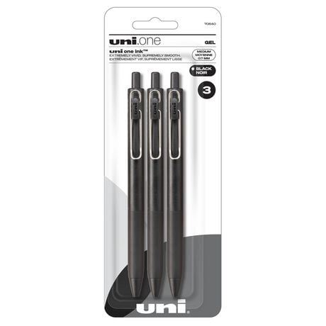 uniball™ one Retractable Gel Pens, Medium Point (0.7mm), Black Barrels, Black Ink, 3 Pack, Retractable Gel Pens