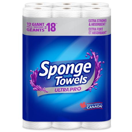 SpongeTowels UltraPRO Ultra Strong & Absorbent Paper Towel, Choose-A-Size® Sheets, 12 Giant Rolls = 18 Regular Rolls