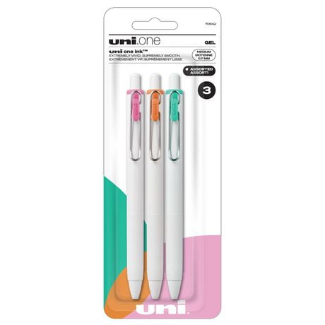 uniball™ one Retractable Gel Pens, Medium Point (0.7mm), Sherbert Ink, 3 Pack<br>, Retractable Gel Pens, 0.7mm