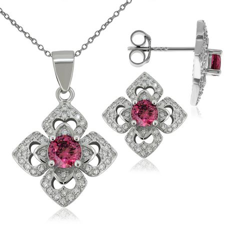 Pure - Women's Fancy Pink CZ Pendant and Earring Set set in Sterling ...